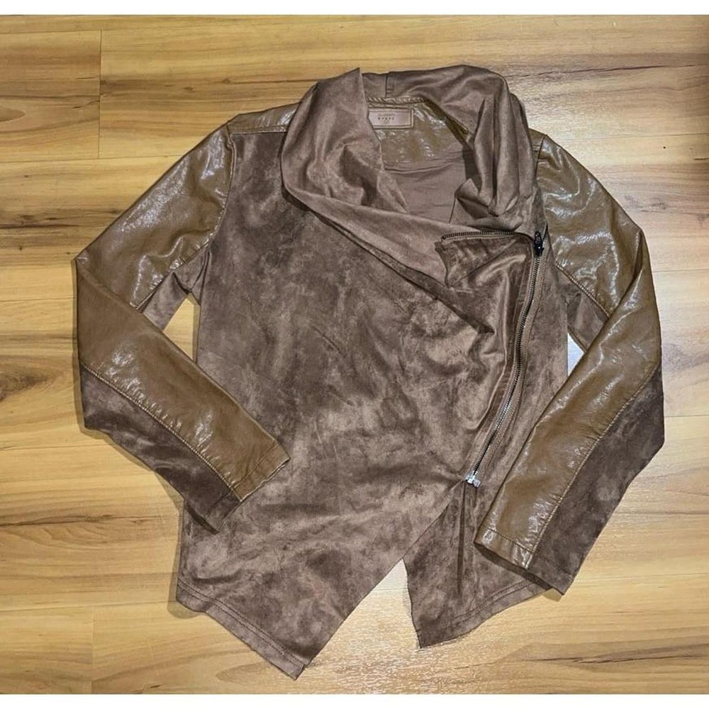 Womens BlankNYC Faux Suede/Leather Moto Drape Cowl Neck Full Zip Jacket